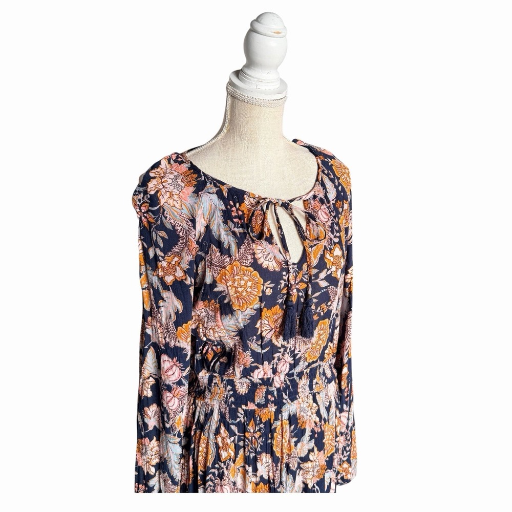 Knox Rose Women's Medium Floral Boho Maxi Dress‎ Long Sleeve Tassel Navy M